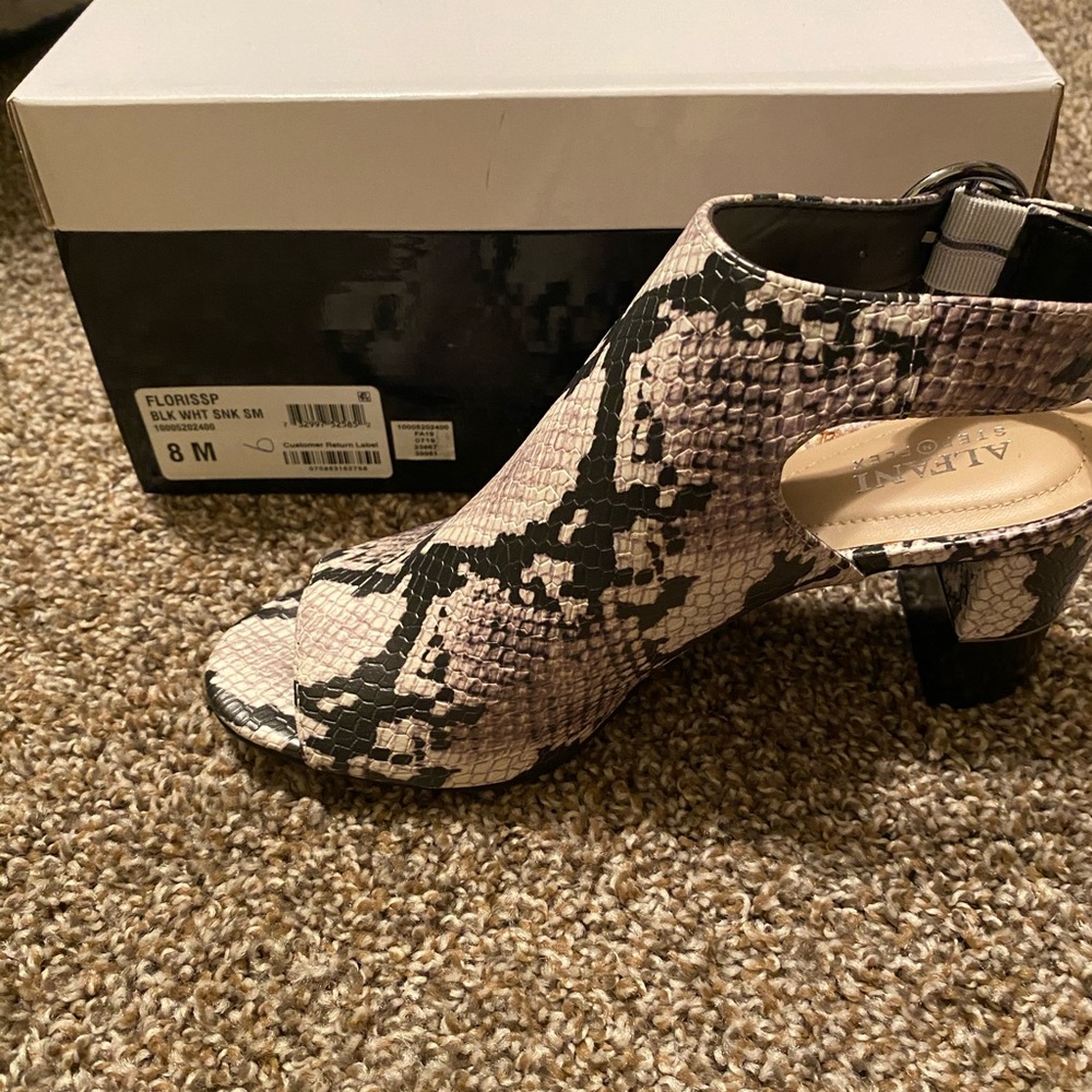 Alfani snake skin open toe bootie.